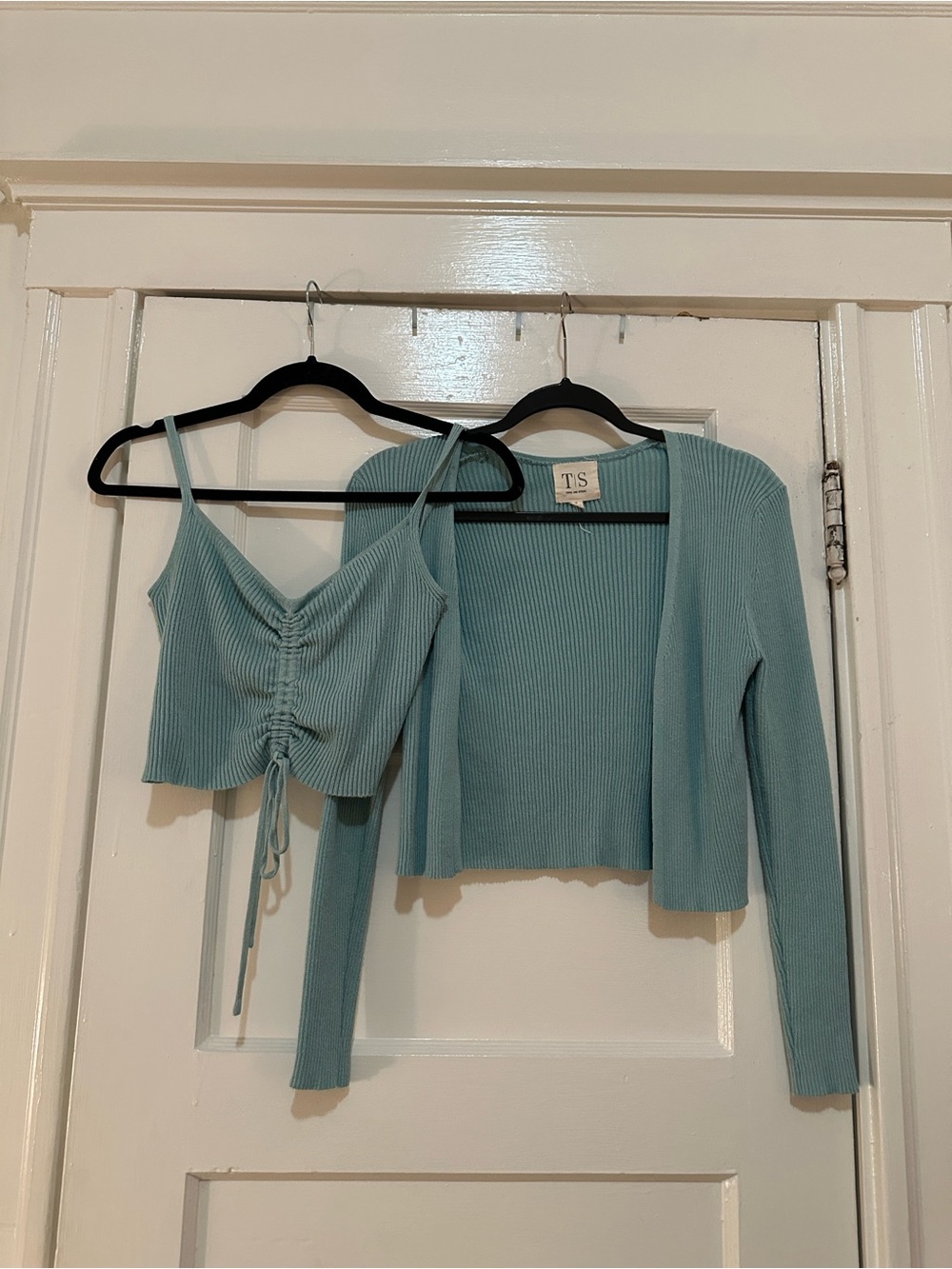 Ruched Crop Tank & Matching Cardigan in Light Aqua